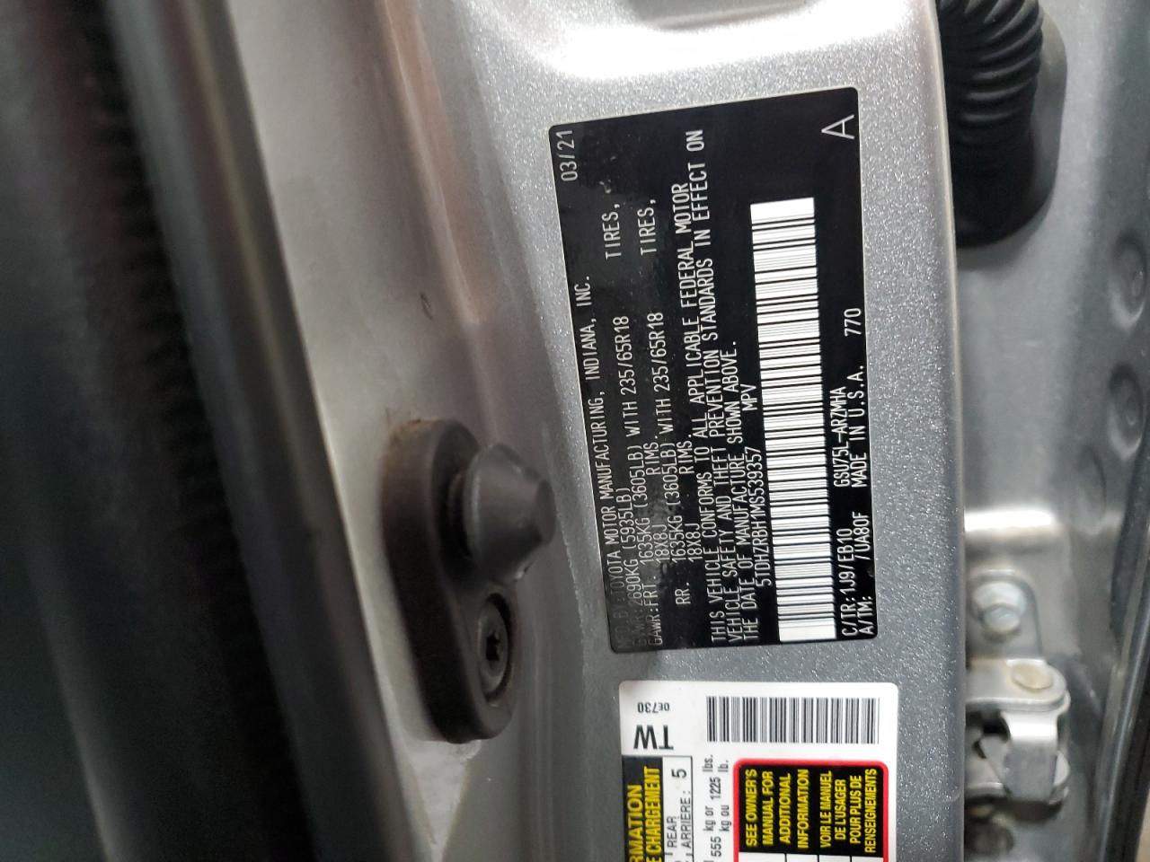 2021 Toyota Highlander VIN 5TDHZRBH1MS539357 Copart auction photo, side damage thumbnail 15