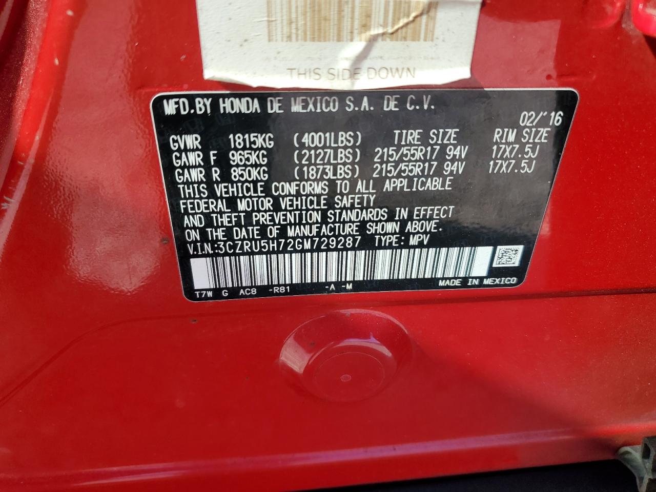 2016 Honda HR-V VIN 3CZRU5H72GM729287 Copart auction photo, all over damage thumbnail 15