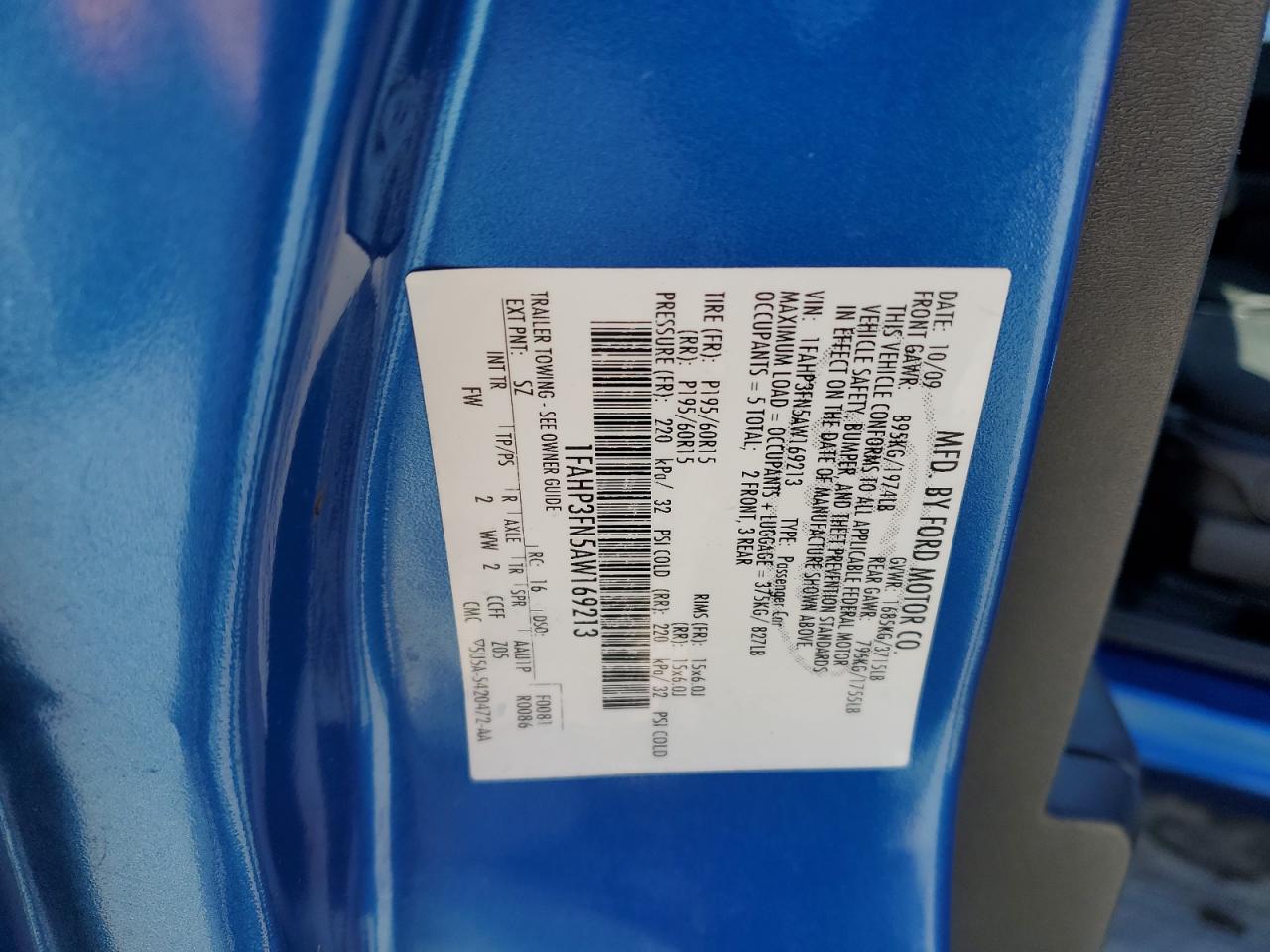 2010 Ford Focus VIN 1FAHP3FN5AW169213 Copart auction photo, front end damage thumbnail 12