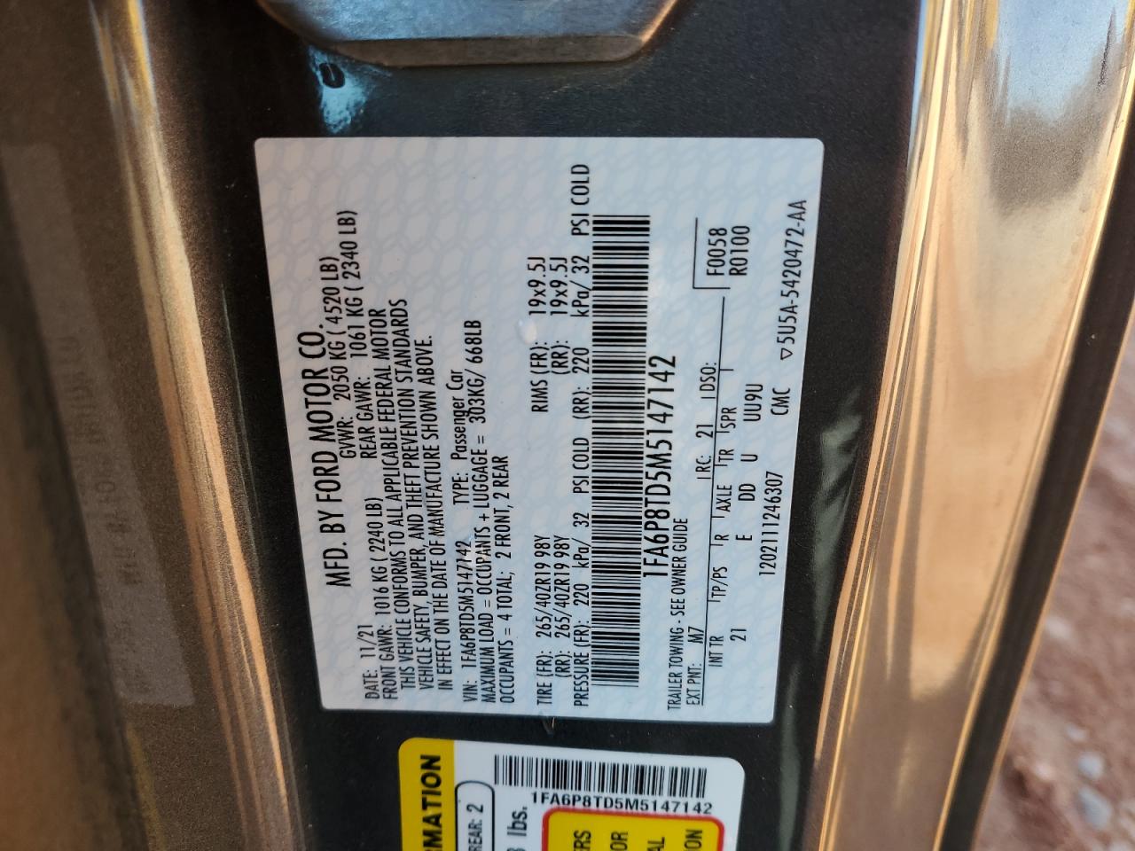 2021 Ford Mustang VIN 1FA6P8TD5M5147142 Copart auction photo, front end damage thumbnail 15