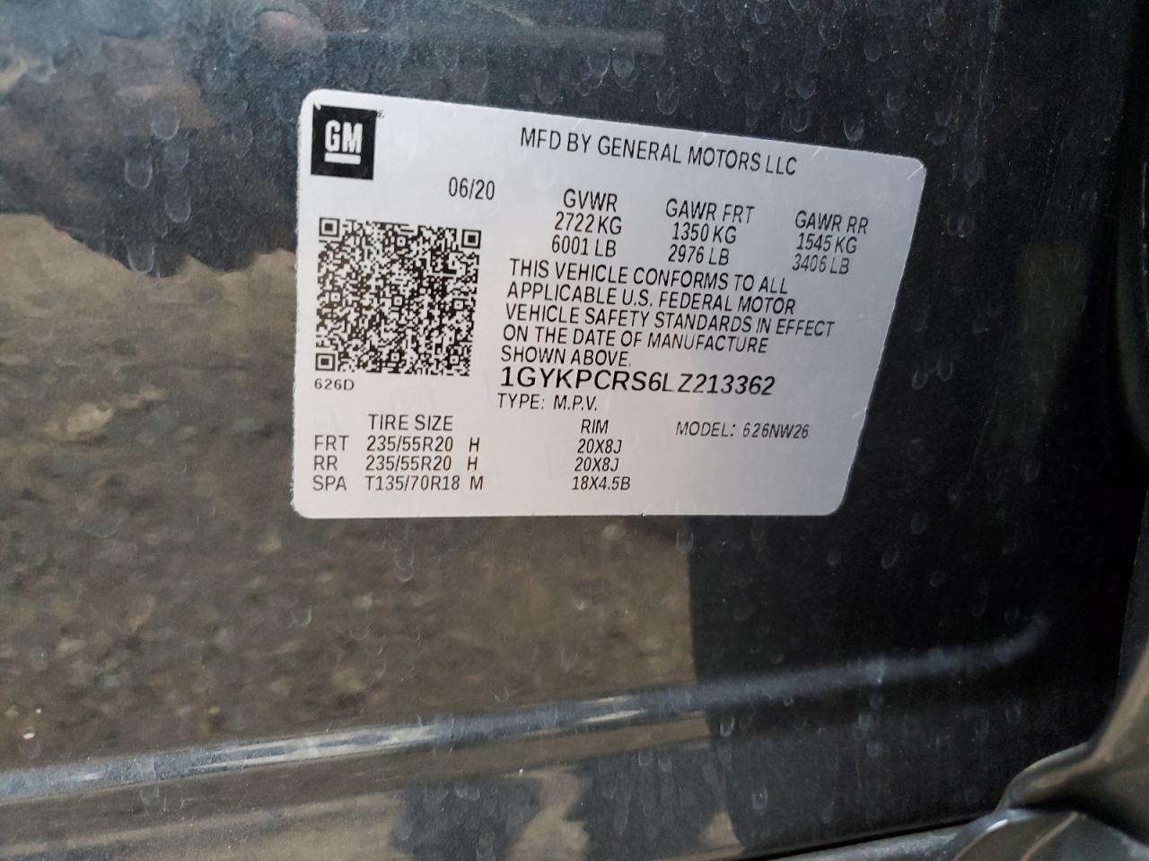 2020 Cadillac XT6 VIN 1GYKPCRS6LZ213362 Copart auction photo, side damage thumbnail 15