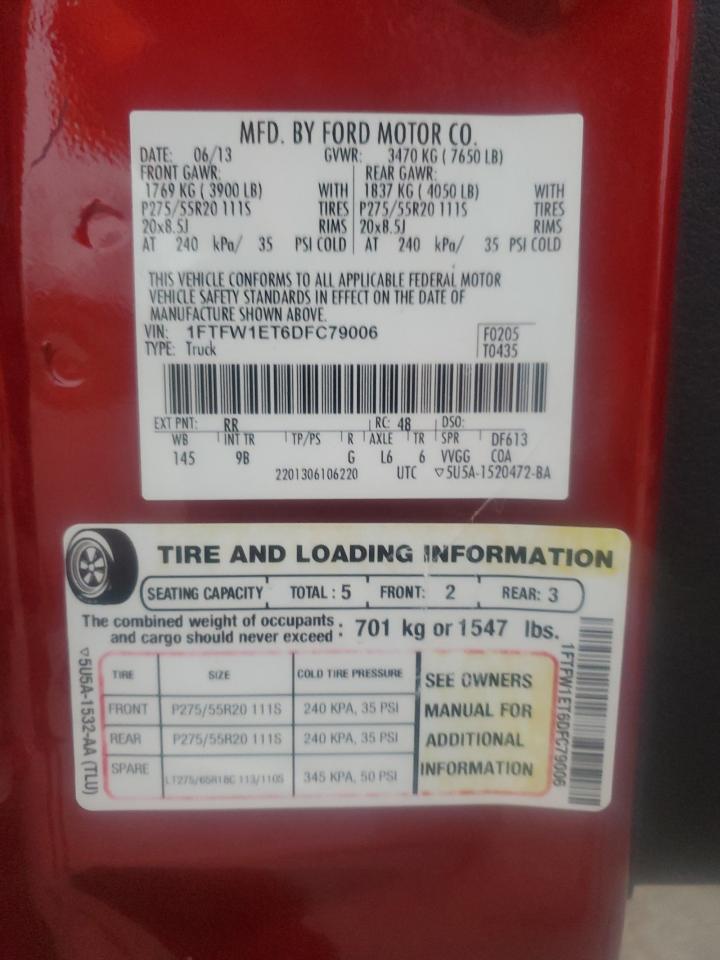 2013 Ford F-150 VIN 1FTFW1ET6DFC79006 Copart auction photo, front end damage thumbnail 13