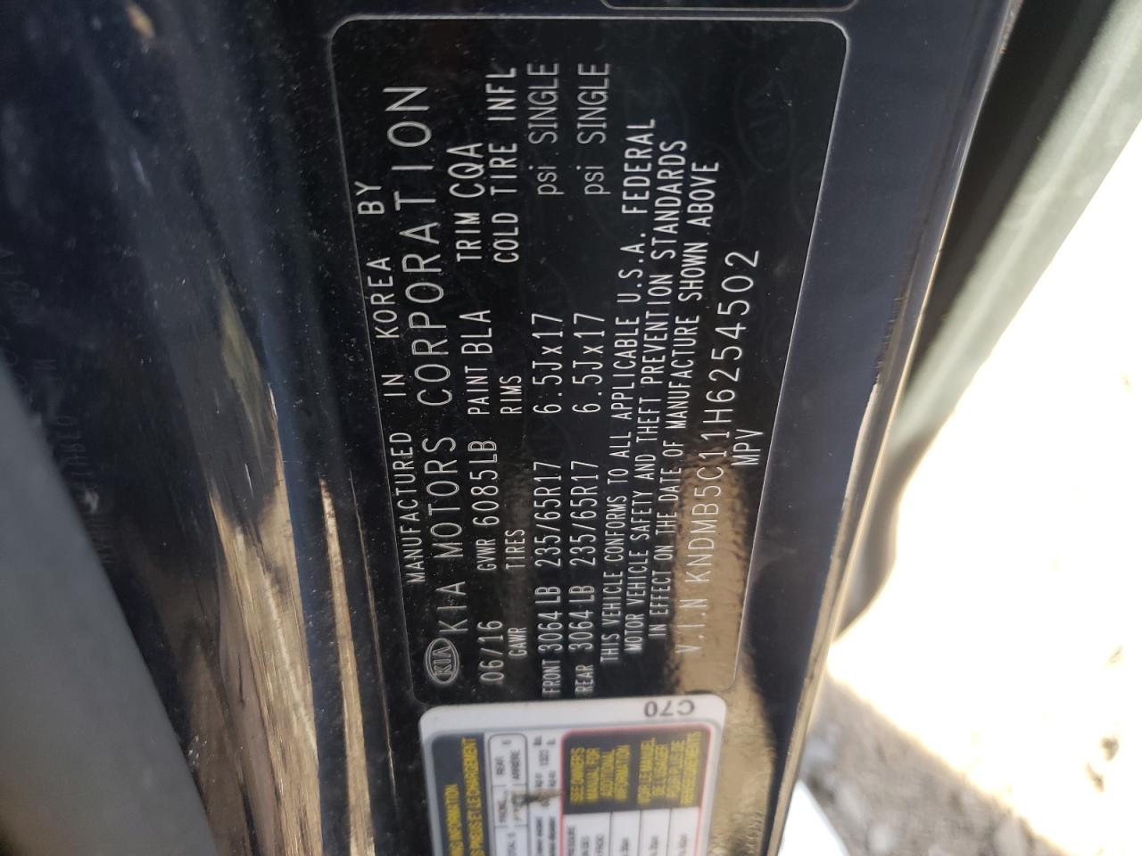 2017 KIA Sedona VIN KNDMB5C11H6254502 Copart auction photo, front end / mechanical damage thumbnail 12