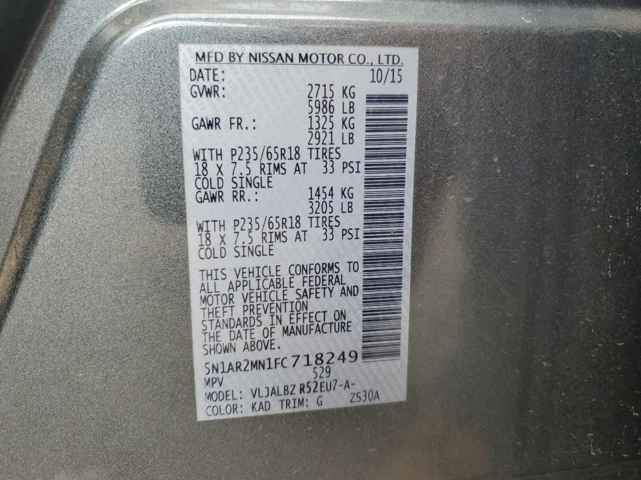 2015 Nissan Pathfinder VIN 5N1AR2MN1FC718249 Copart auction photo, side / front end damage thumbnail 15