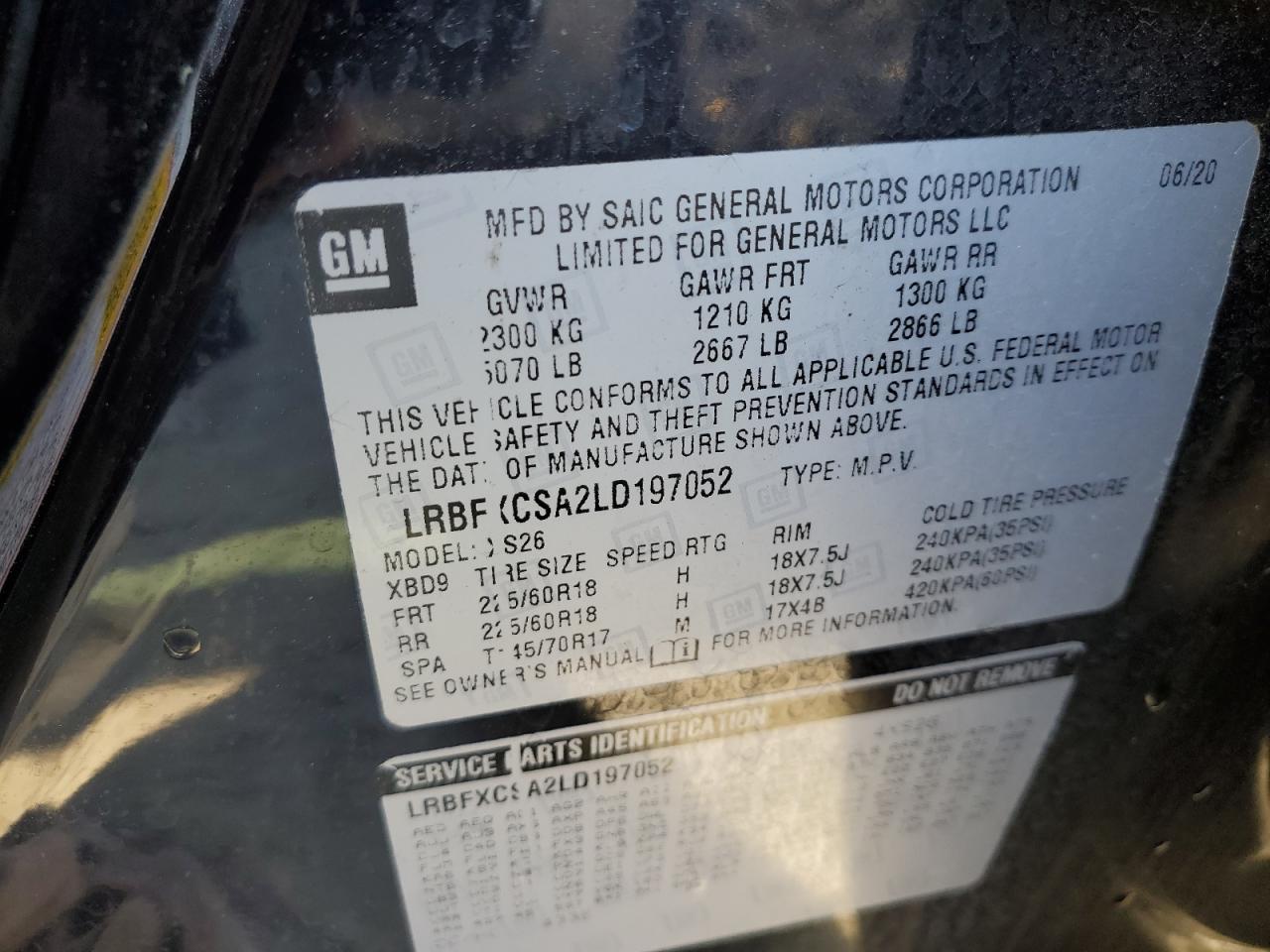 2020 Buick Envision VIN LRBFXCSA2LD197052 Copart auction photo, front end / side damage thumbnail 14