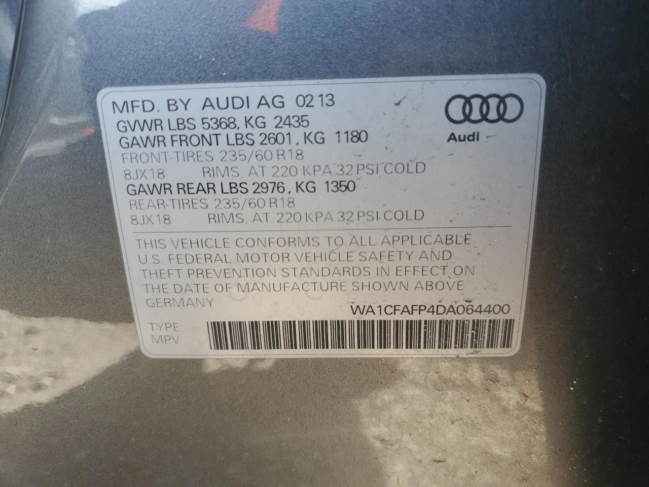 2013 Audi Q5 VIN WA1CFAFP4DA064400 Copart auction photo, rear end damage thumbnail 14