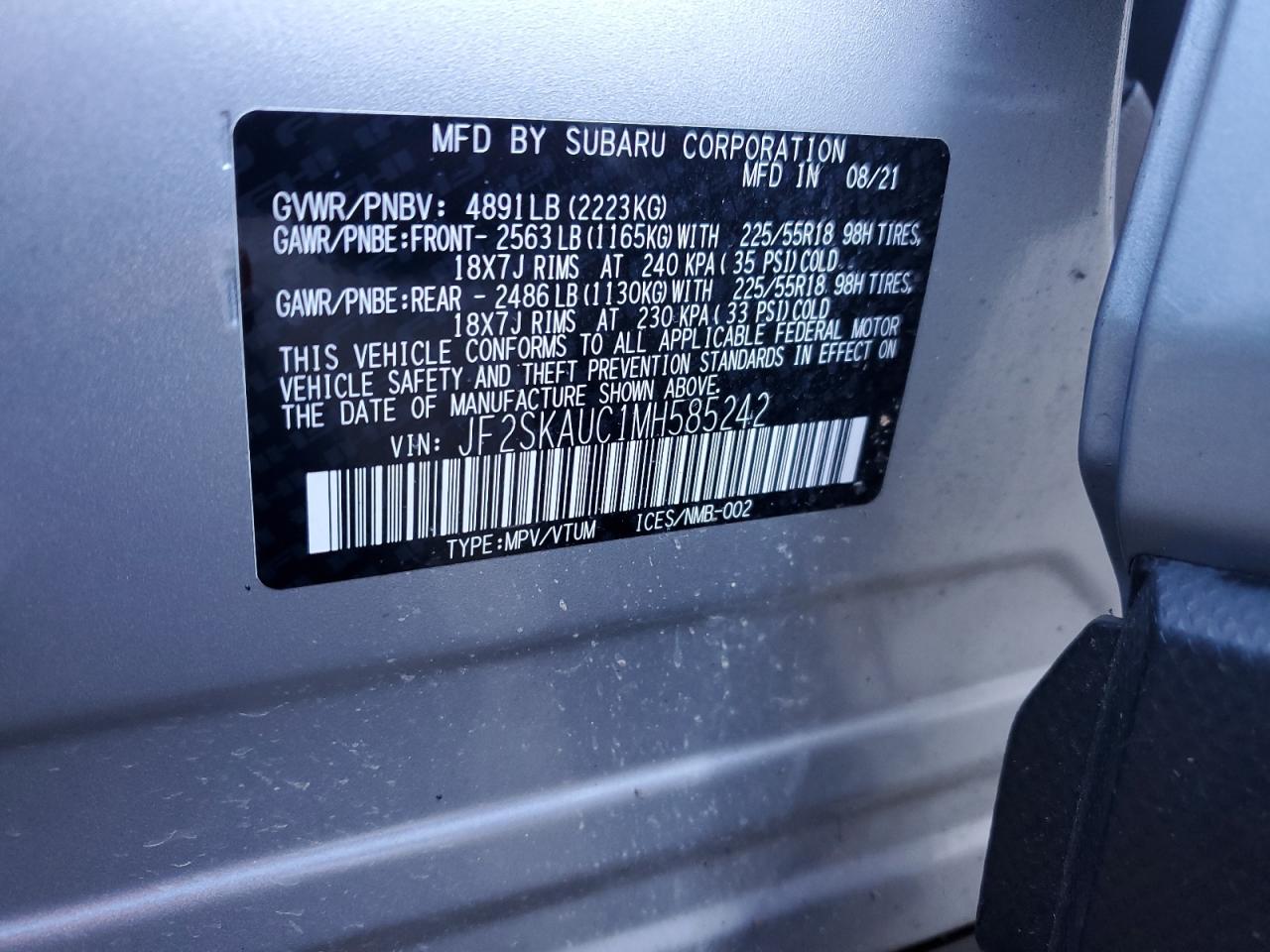 2021 Subaru Forester VIN JF2SKAUC1MH585242 Copart auction photo, vandalism / rear end damage thumbnail 13