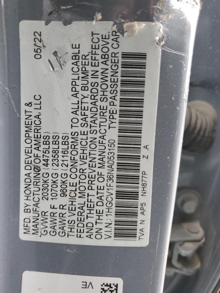 2022 Honda Accord VIN 1HGCV1F36NA053150 Copart auction photo, side / front end damage thumbnail 13