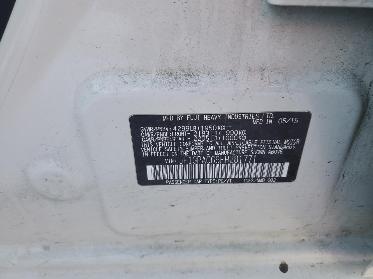 2015 Subaru Impreza VIN JF1GPAC66FH281771 Copart auction photo, rear end damage thumbnail 12