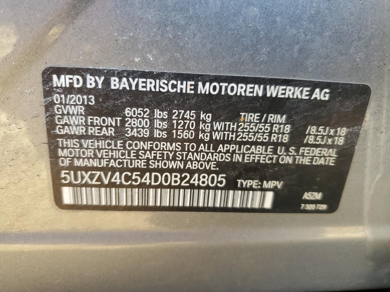 2013 BMW X5 VIN 5UXZV4C54D0B24805 Copart auction photo, front end / minor dent/scratches damage thumbnail 15