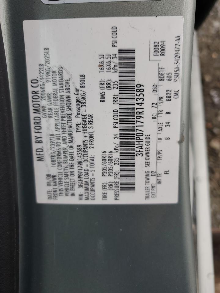 2009 Ford Fusion VIN 3FAHP07179R143589 Copart auction photo, front end damage thumbnail 15