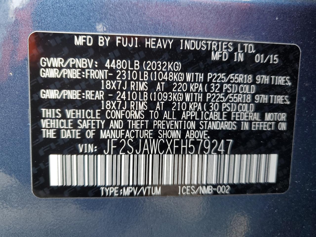 2015 Subaru Forester VIN JF2SJAWCXFH579247 Copart auction photo, front end / side damage thumbnail 13