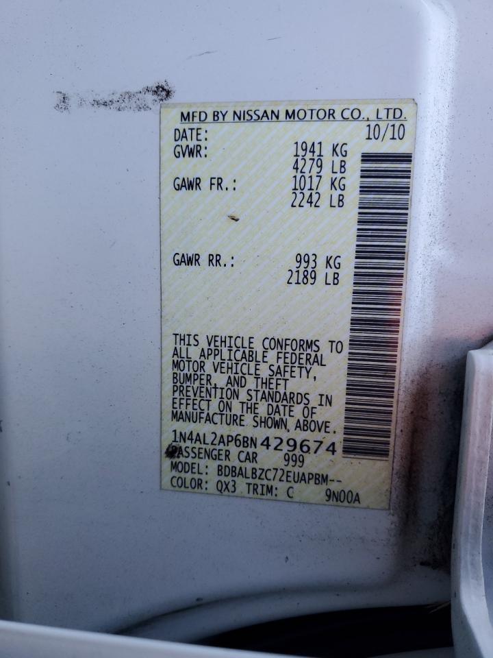 2011 Nissan Altima VIN 1N4AL2AP6BN429674 Copart auction photo, front end / side damage thumbnail 12