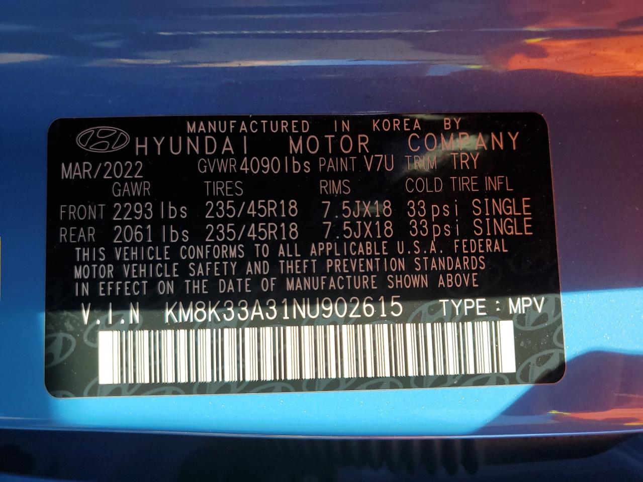 2022 Hyundai Kona VIN KM8K33A31NU902615 Copart auction photo, rear end / minor dent/scratches damage thumbnail 13
