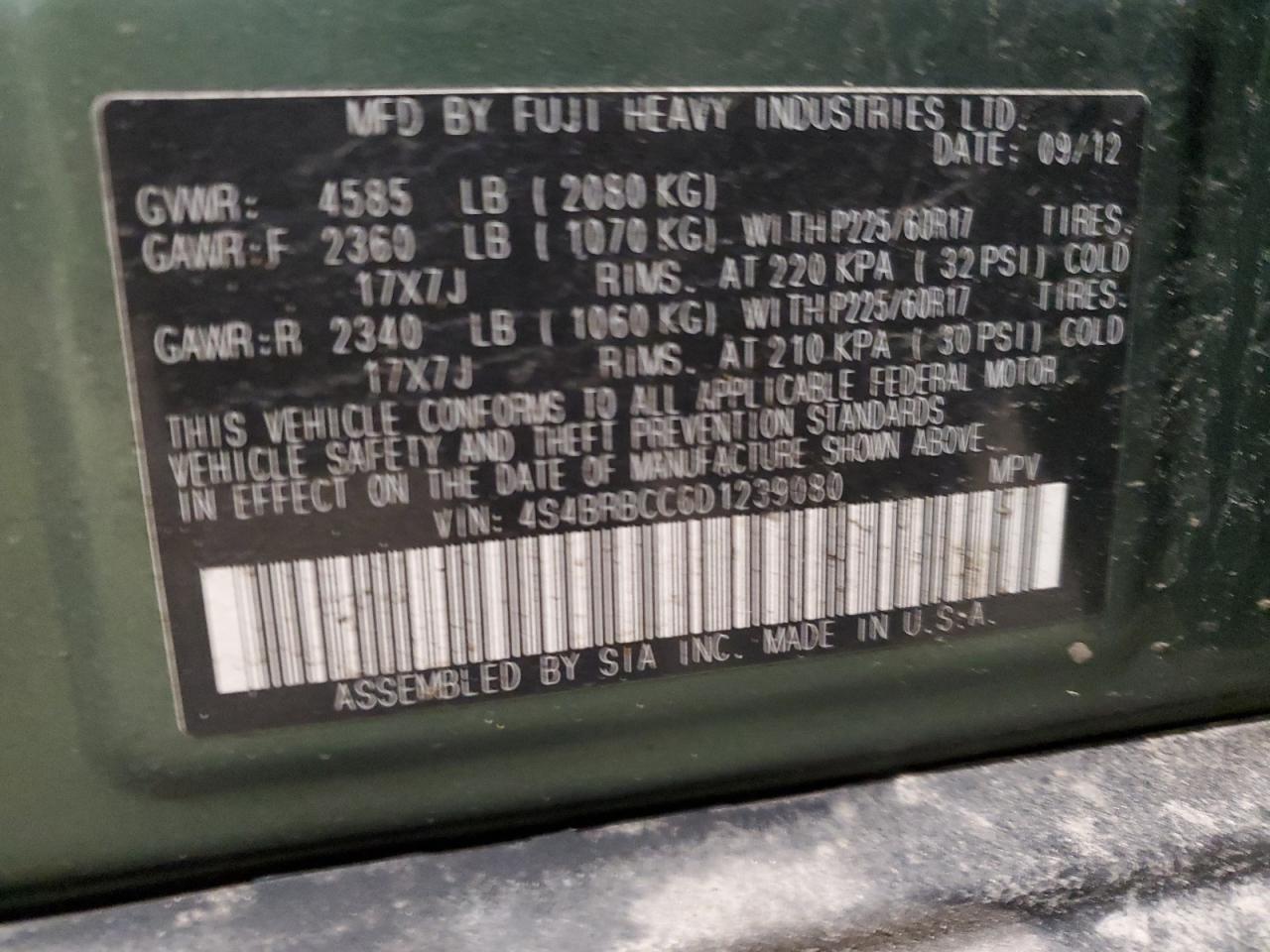 2013 Subaru Outback VIN 4S4BRBCC6D1239080 Copart auction photo, front end / side damage thumbnail 14