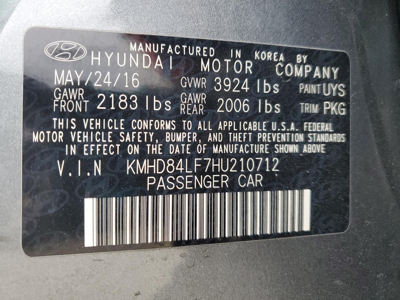 2017 Hyundai Elantra VIN KMHD84LF7HU210712 Copart auction photo, rear end / side damage thumbnail 13
