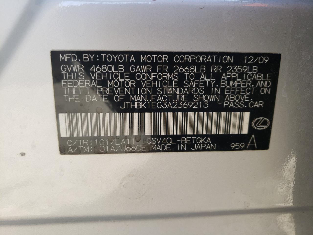 2010 Lexus ES VIN JTHBK1EG3A2369213 Copart auction photo, front end damage thumbnail 12