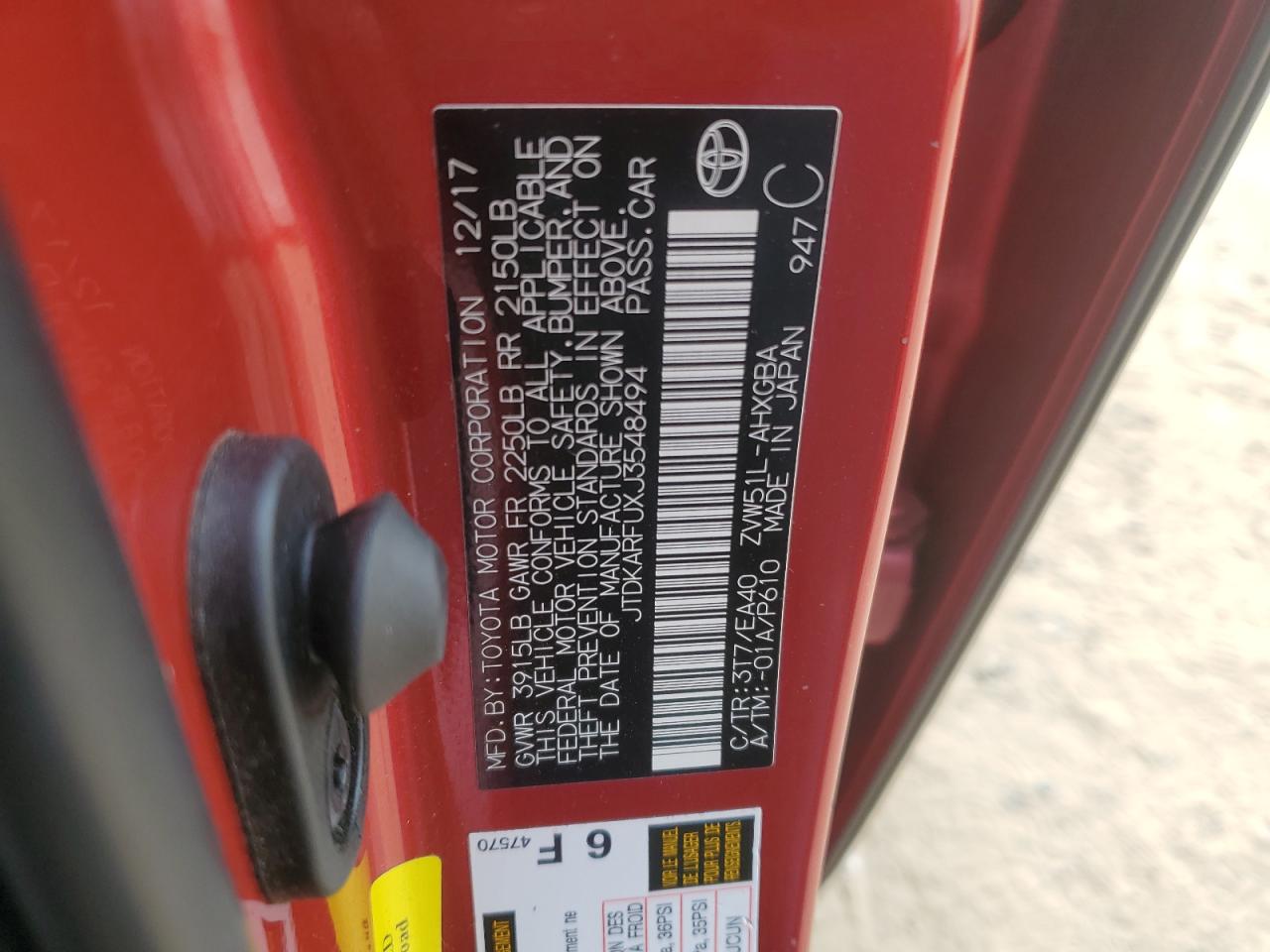 2018 Toyota Prius VIN JTDKARFUXJ3548494 Copart auction photo, front end / minor dent/scratches damage thumbnail 12
