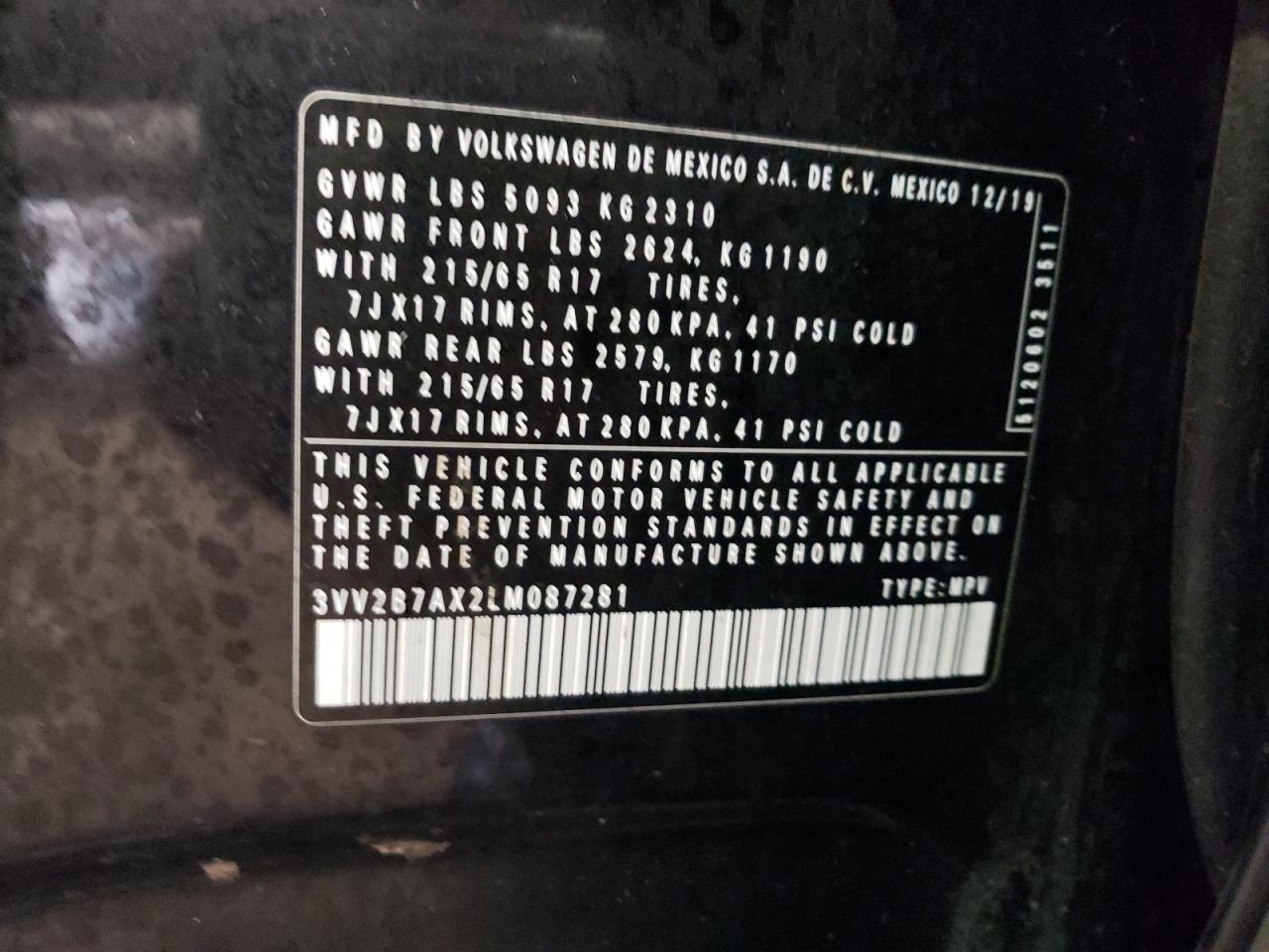 2020 Volkswagen Tiguan VIN 3VV2B7AX2LM087281 Copart auction photo, side / front end damage thumbnail 14