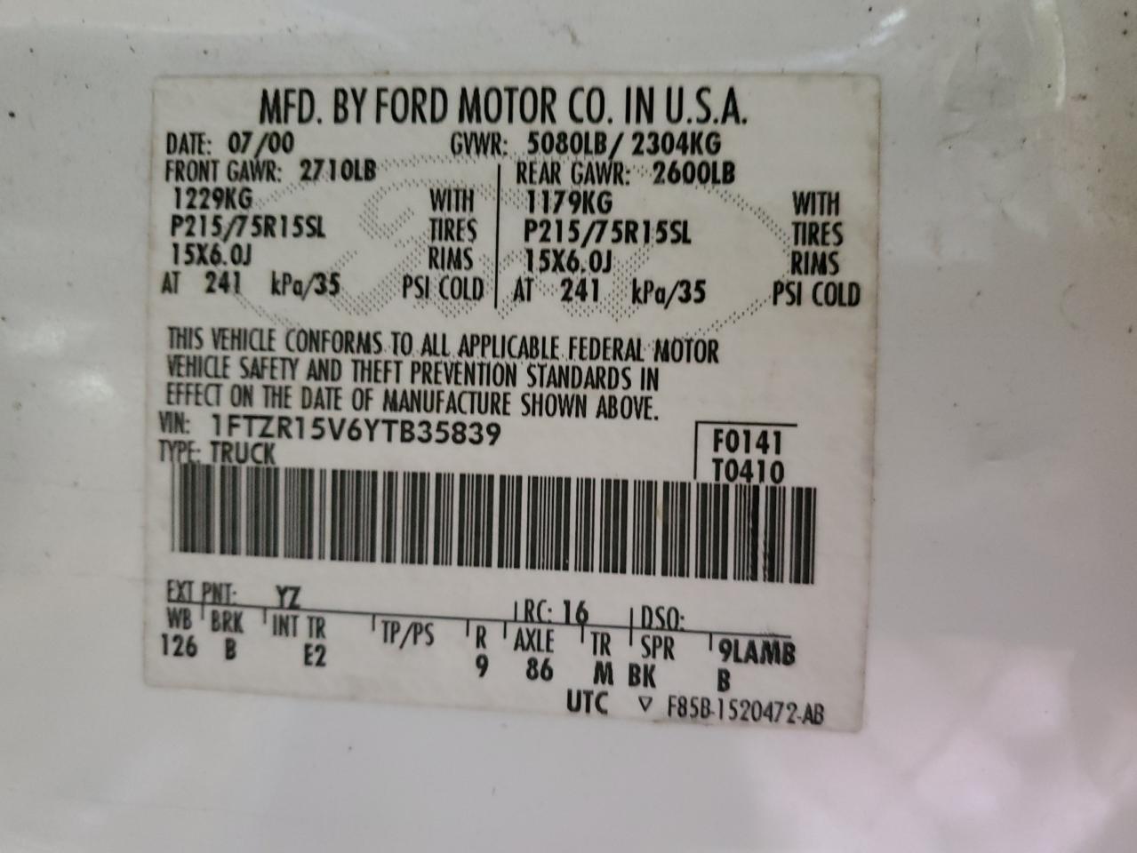 2000 Ford Ranger VIN 1FTZR15V6YTB35839 Copart auction photo, rollover damage thumbnail 12