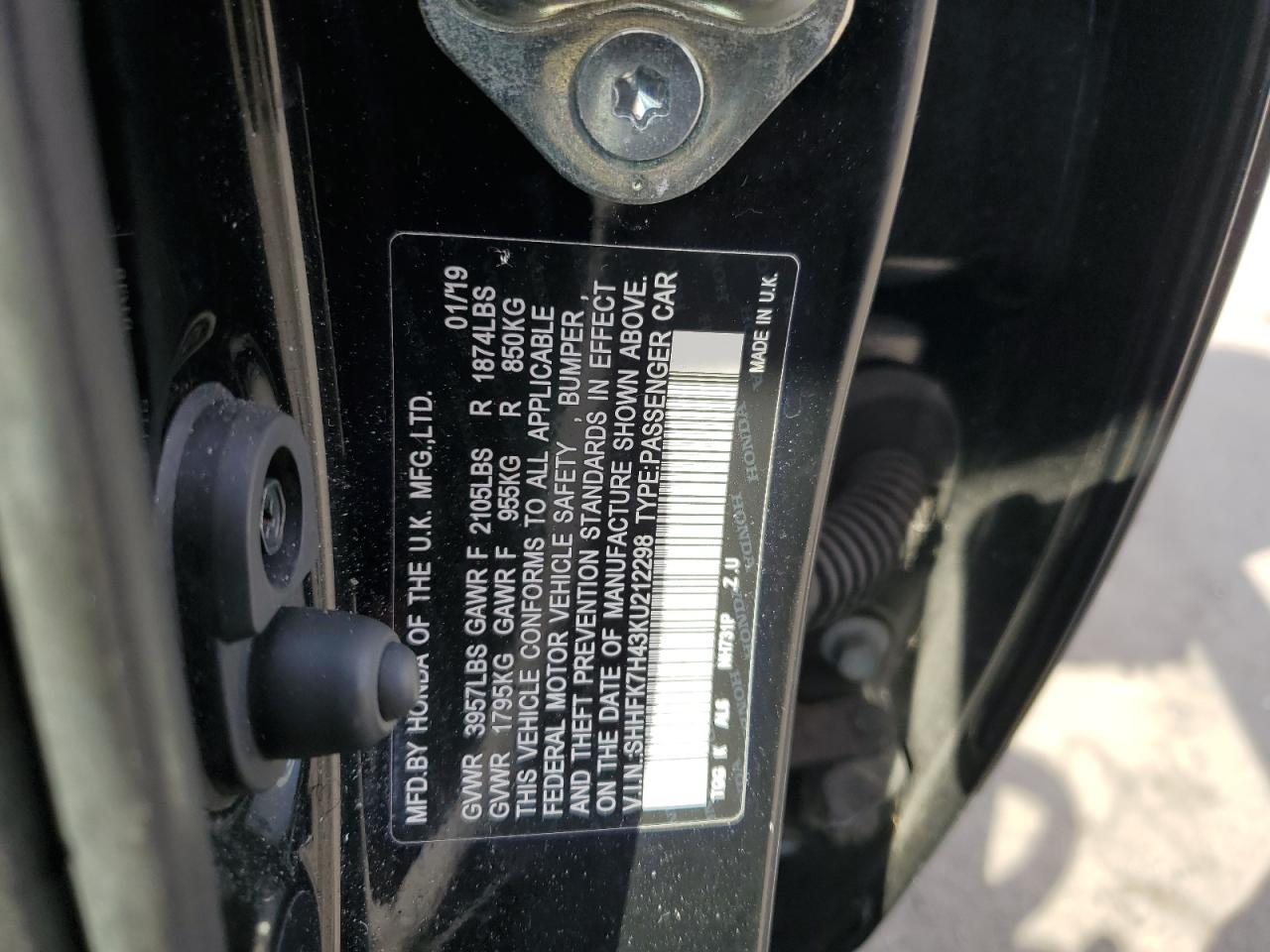 2019 Honda Civic VIN SHHFK7H43KU212298 Copart auction photo, front end damage thumbnail 12