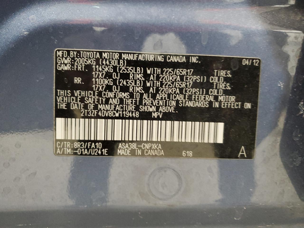 2012 Toyota RAV 4 VIN 2T3ZF4DV8CW119448 Copart auction photo, all over damage thumbnail 13