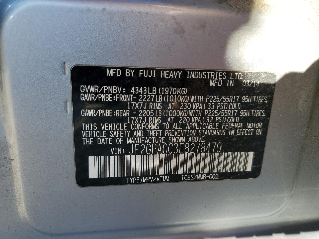 2014 Subaru XV VIN JF2GPAGC3E8278479 Copart auction photo, front end / minor dent/scratches damage thumbnail 12