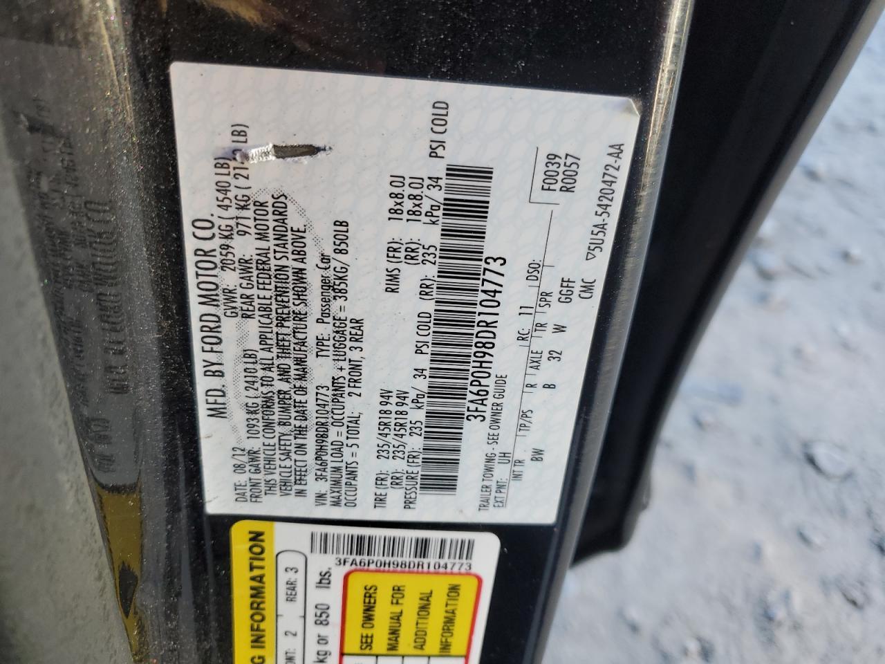 2013 Ford Fusion VIN 3FA6P0H98DR104773 Copart auction photo, minor dent/scratches damage thumbnail 12