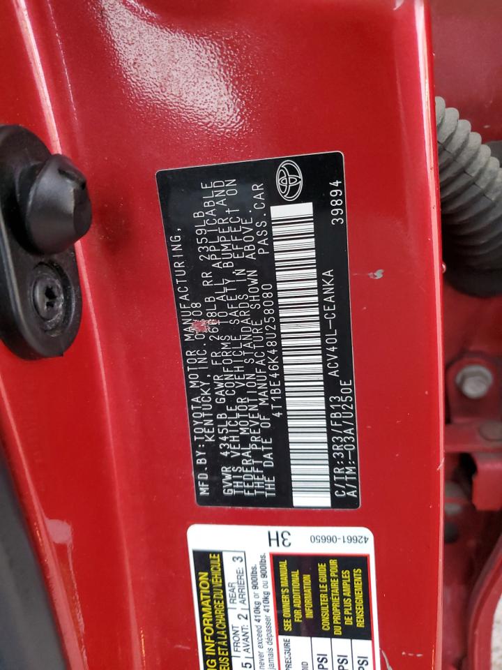 2008 Toyota Camry VIN 4T1BE46K48U258080 Copart auction photo, front end damage thumbnail 13