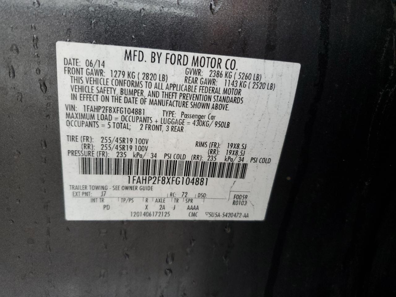 2015 Ford Taurus VIN 1FAHP2F8XFG104881 Copart auction photo, front end damage thumbnail 13