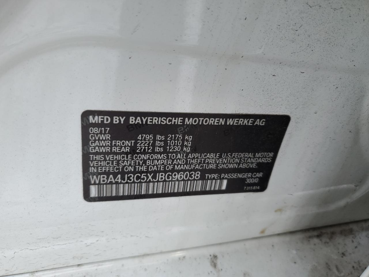 2018 BMW 4er VIN WBA4J3C5XJBG96038 Copart auction photo, rear end damage thumbnail 12
