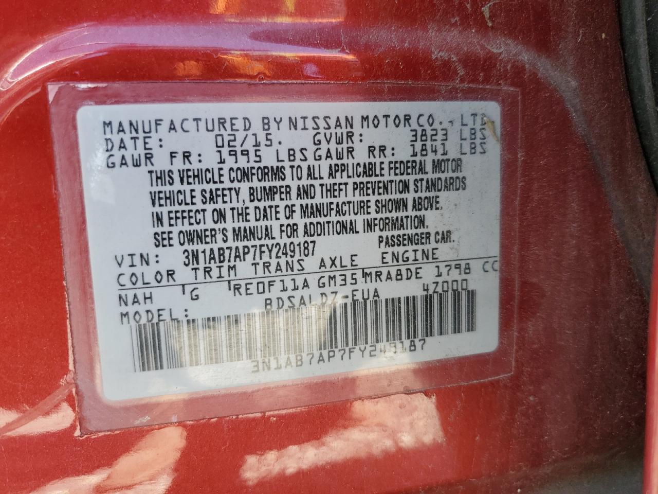2015 Nissan Sentra VIN 3N1AB7AP7FY249187 Copart auction photo, rear end damage thumbnail 12