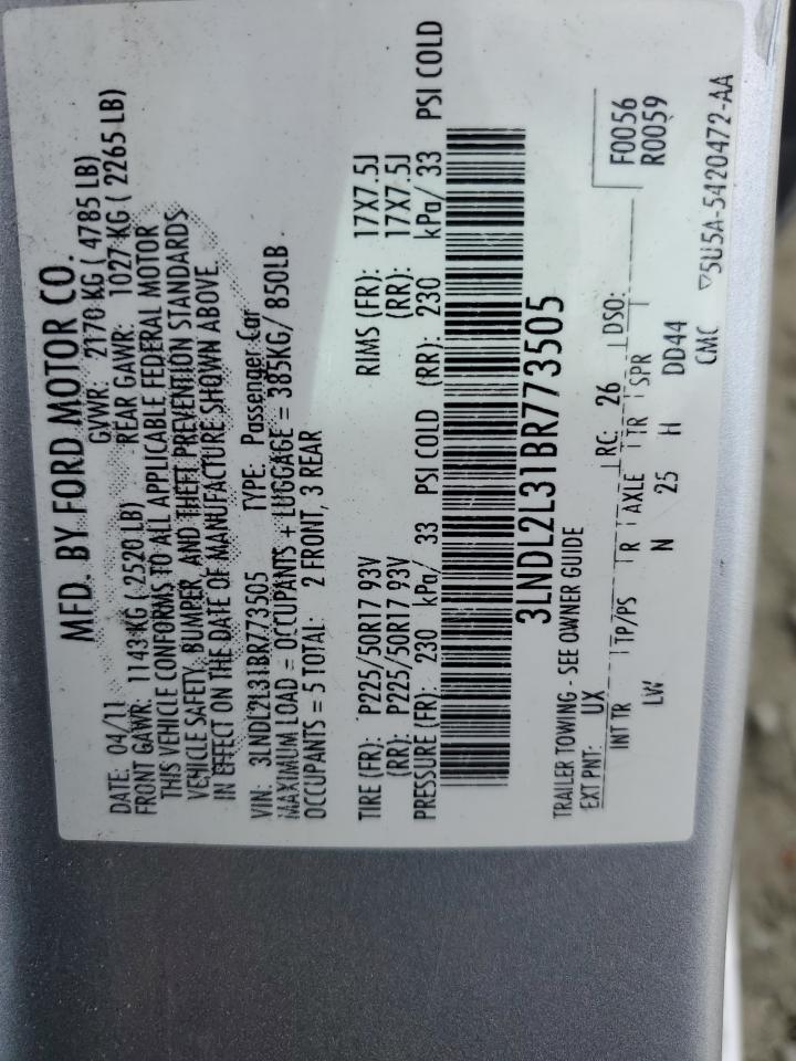 2011 Lincoln MKZ VIN 3LNDL2L31BR773505 Copart auction photo, minor dent/scratches damage thumbnail 12