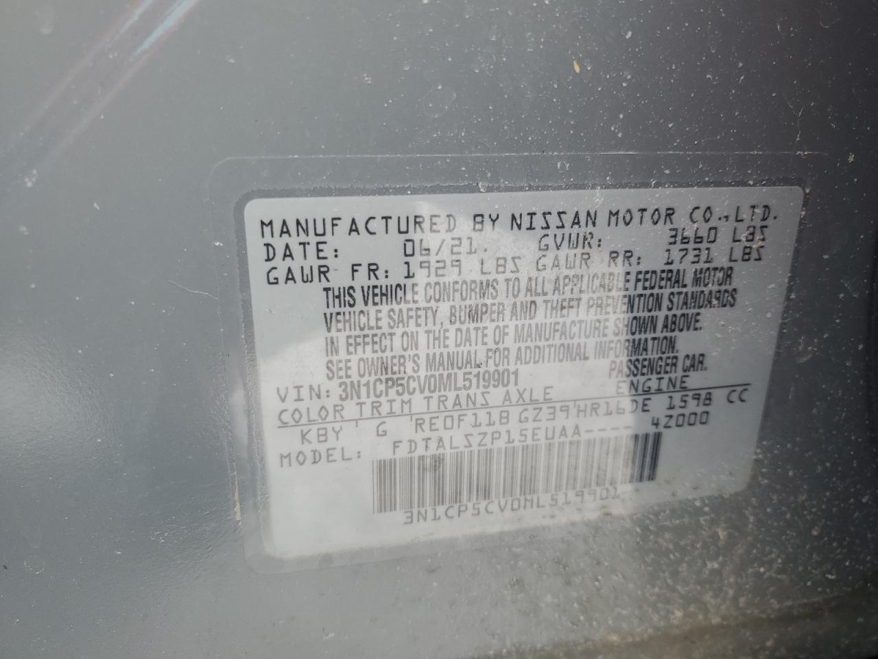 2021 Nissan Kicks VIN 3N1CP5CV0ML519901 Copart auction photo, rear end damage thumbnail 12