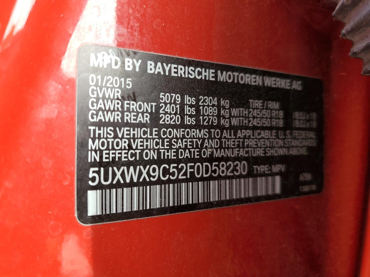 2015 BMW X3 VIN 5UXWX9C52F0D58230 Copart auction photo, front end / minor dent/scratches damage thumbnail 13