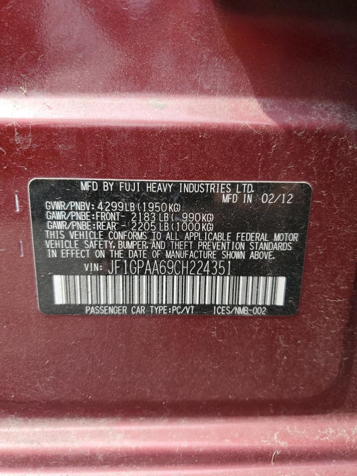 2012 Subaru Impreza VIN JF1GPAA69CH224351 Copart auction photo, front end damage thumbnail 12