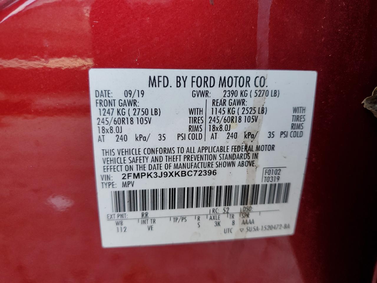 2019 Ford Edge VIN 2FMPK3J9XKBC72396 Copart auction photo, front end / all over damage thumbnail 13