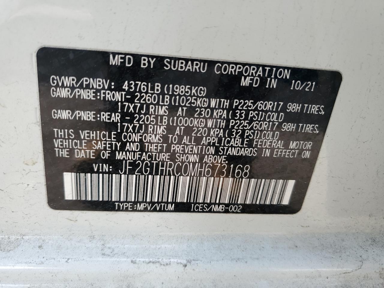 2021 Subaru XV VIN JF2GTHRC0MH673168 Copart auction photo, front end / rear end damage thumbnail 13