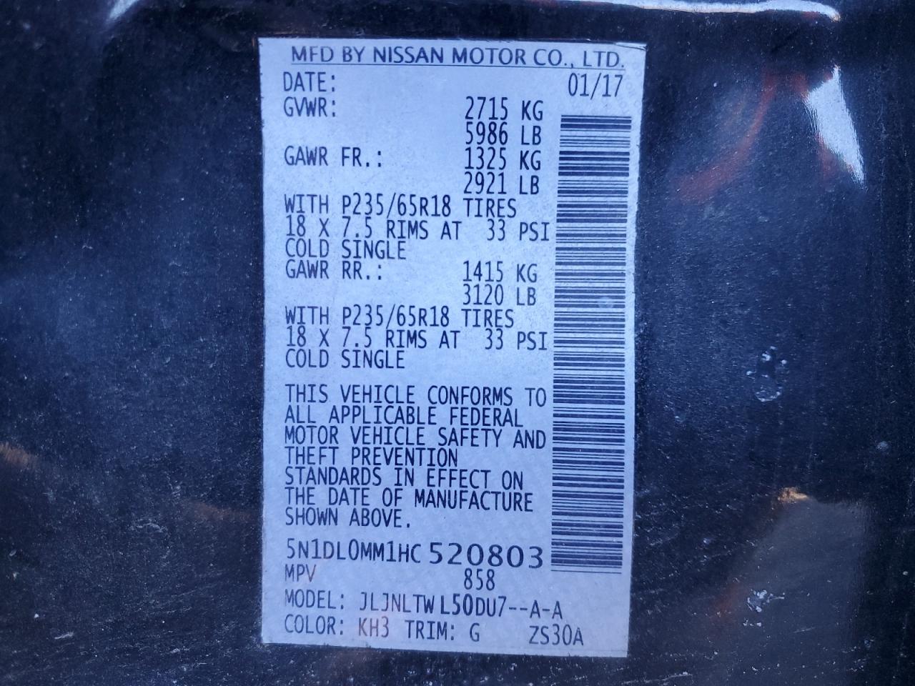 2017 Infiniti QX60 VIN 5N1DL0MM1HC520803 Copart auction photo, front end / minor dent/scratches damage thumbnail 13