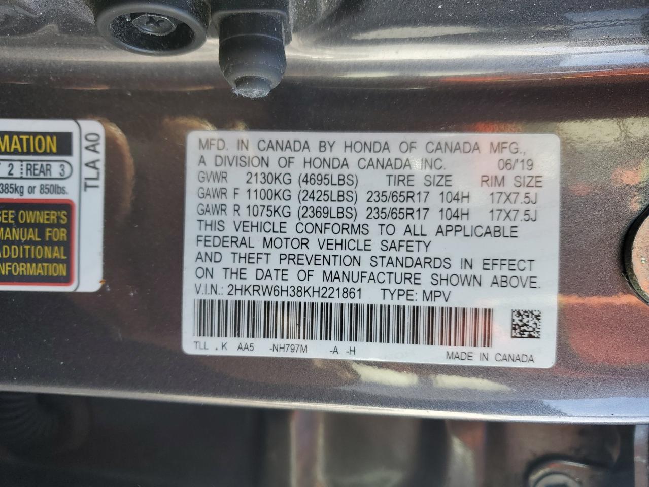 2019 Honda CR-V VIN 2HKRW6H38KH221861 Copart auction photo, all over / mechanical damage thumbnail 16