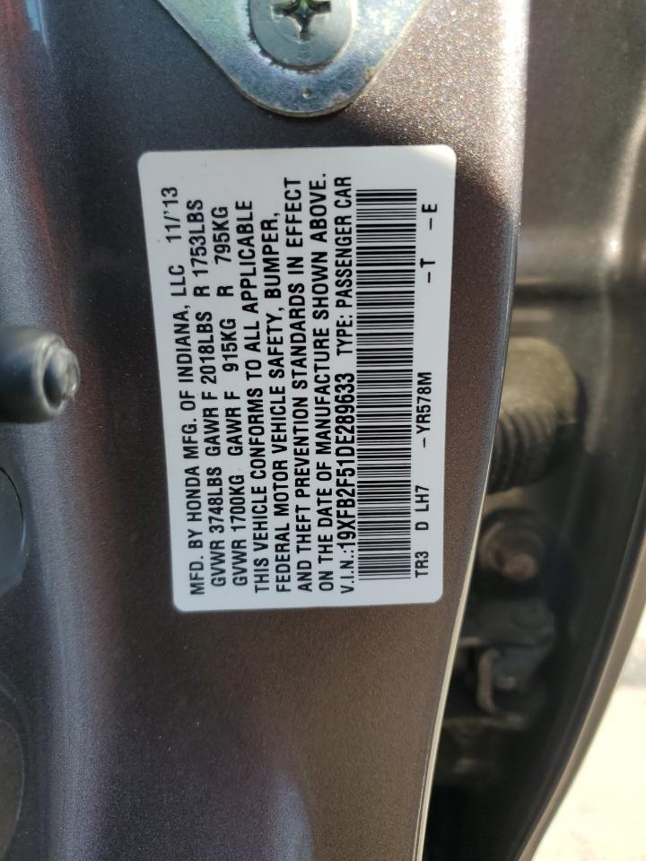 2013 Honda Civic VIN 19XFB2F51DE289633 Copart auction photo, rear end / front end damage thumbnail 13