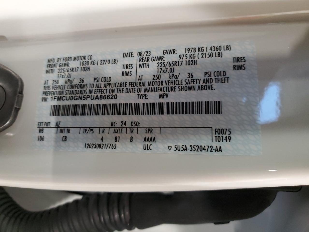 2023 Ford Escape VIN 1FMCU0GN5PUA86620 Copart auction photo, front end damage thumbnail 13