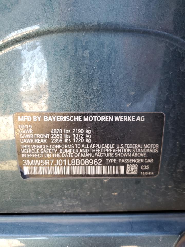 2020 BMW 3er VIN 3MW5R7J01L8B08962 Copart auction photo, front end / minor dent/scratches damage thumbnail 15