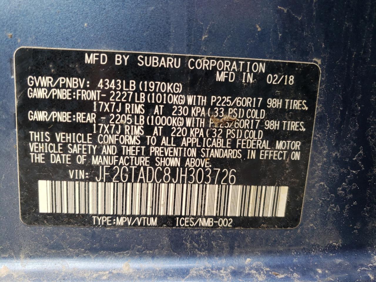 2018 Subaru XV VIN JF2GTADC8JH303726 Copart auction photo, front end / side damage thumbnail 13