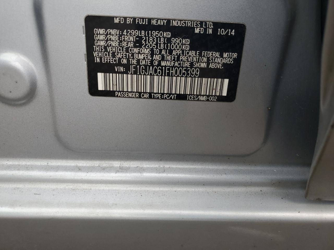 2015 Subaru Impreza VIN JF1GJAC61FH005399 Copart auction photo, all over damage thumbnail 12