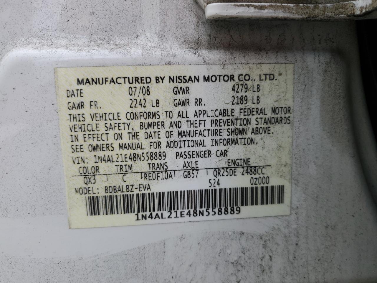 2008 Nissan Altima VIN 1N4AL21E48N558889 Copart auction photo, front end damage thumbnail 14