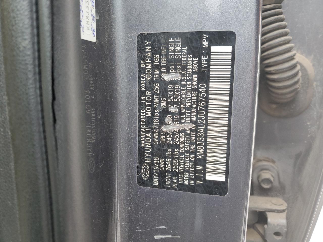 2018 Hyundai Tucson VIN KM8J33AL2JU767540 Copart auction photo, front end / side damage thumbnail 14