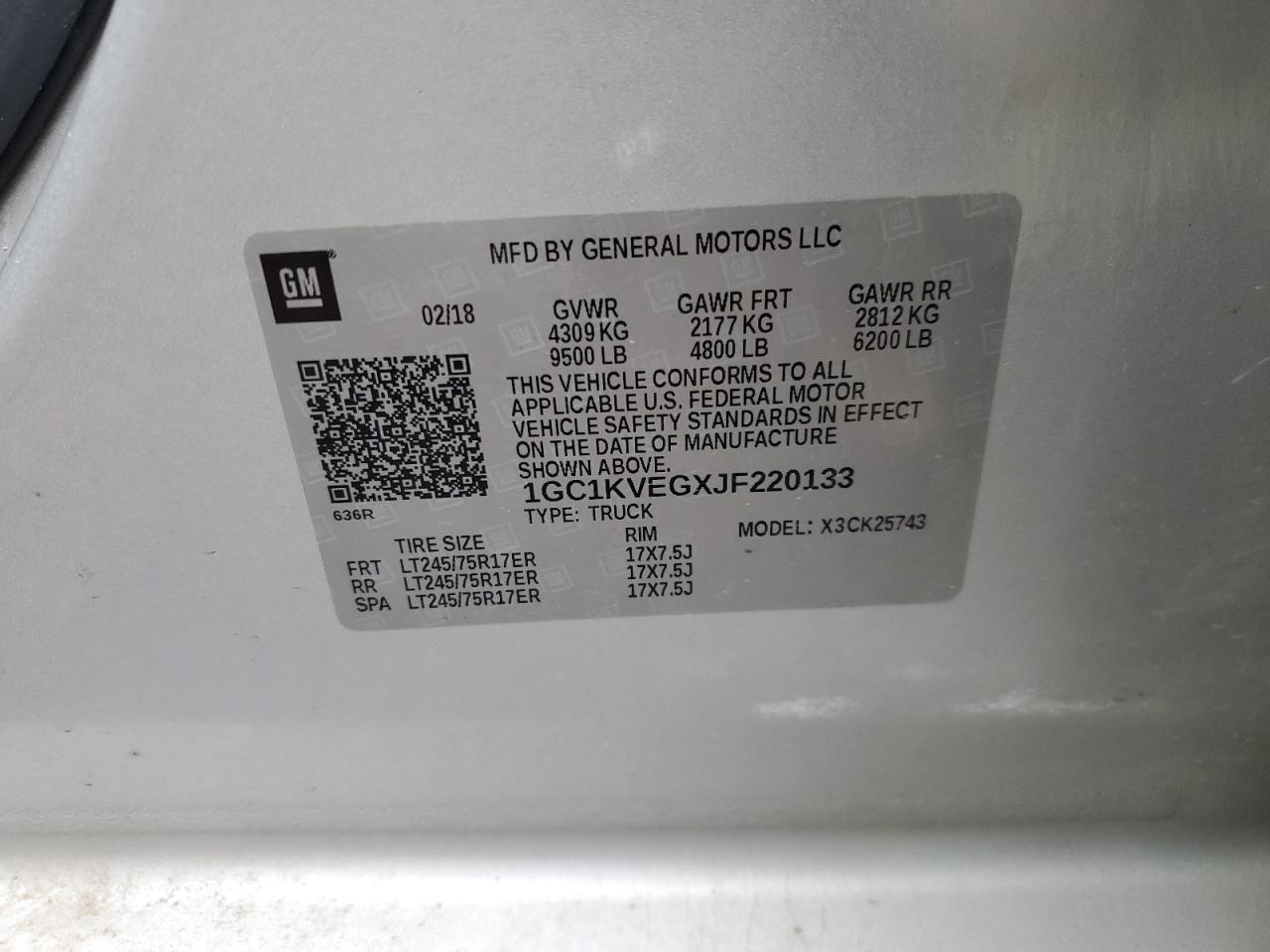 2018 Chevrolet Silverado VIN 1GC1KVEGXJF220133 Copart auction photo, rear end / side damage thumbnail 12