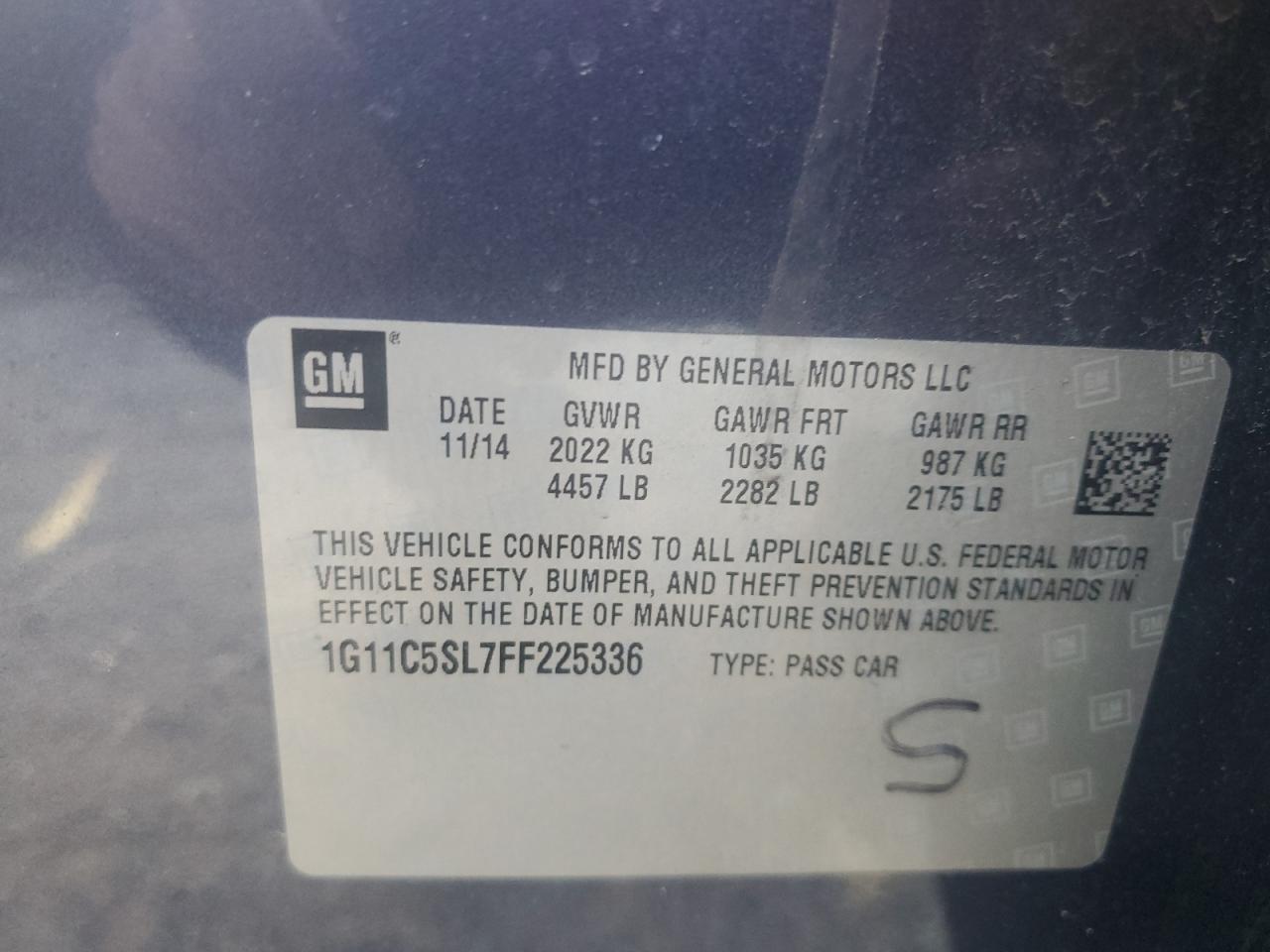 2015 Chevrolet Malibu VIN 1G11C5SL7FF225336 Copart auction photo, front end / minor dent/scratches damage thumbnail 12