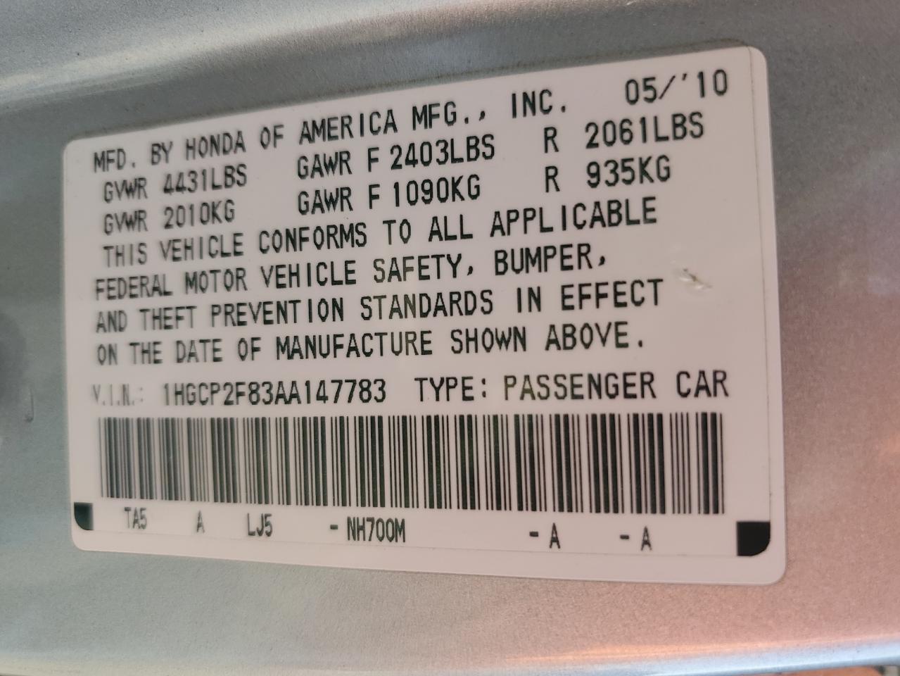 2010 Honda Accord VIN 1HGCP2F83AA147783 Copart auction photo, front end / minor dent/scratches damage thumbnail 14